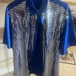Men's Blue Short-Sleeve Shirt with Metallic Grid Detail